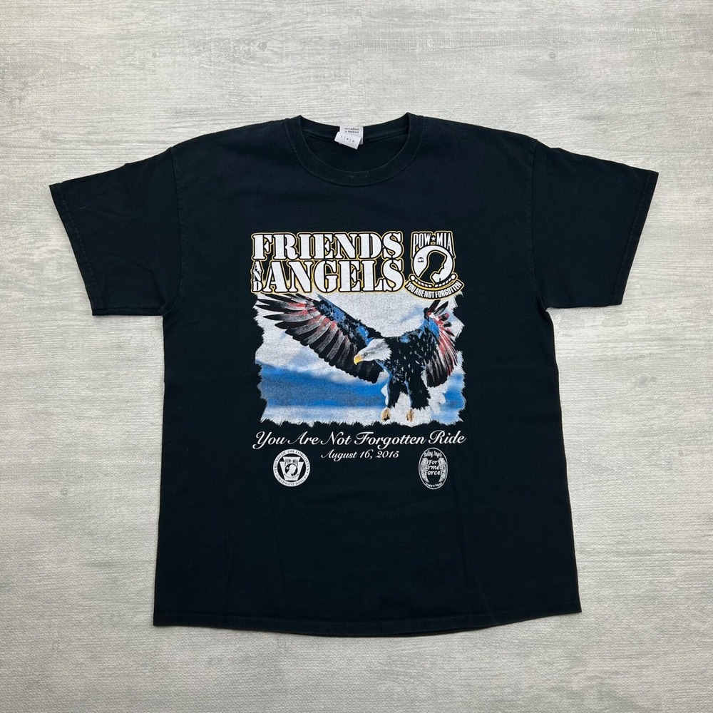 Vintage Y2K Friends and Angels Shirt Size Largeβ Black POW MIA Eagle USA 2016